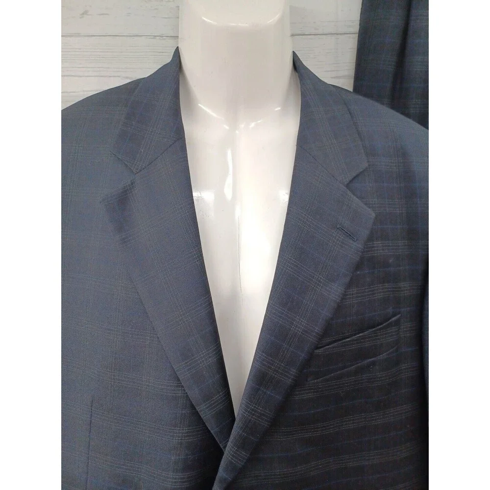 Paul Dione Wool Suit Sport Coat Blazer Dark Blue Windowpane 43R Pants 36x28.5